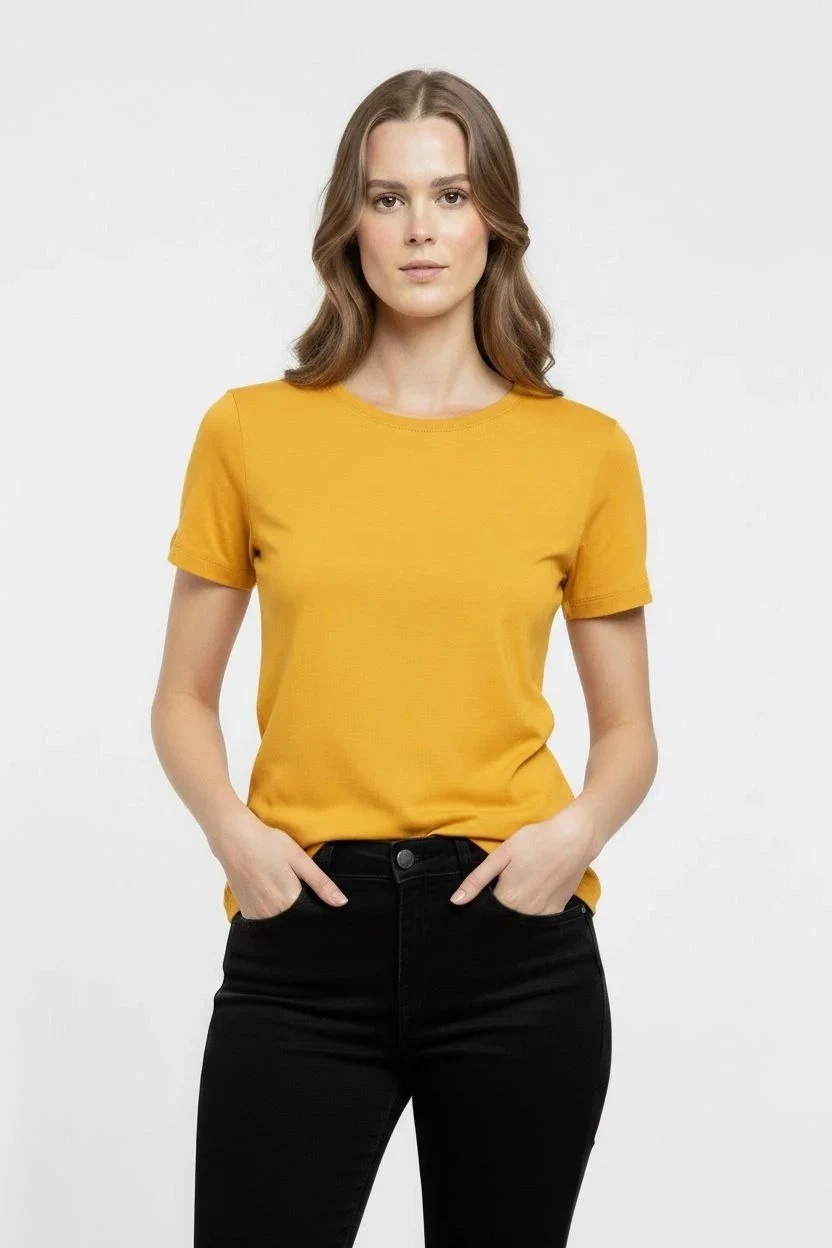 Damski żółty elastyczny slim fit T-shirt z dekoltem w serek, podstawowy