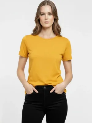 Damski żółty elastyczny slim fit T-shirt z dekoltem w serek, podstawowy