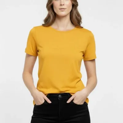 Damski żółty elastyczny slim fit T-shirt z dekoltem w serek, podstawowy 1