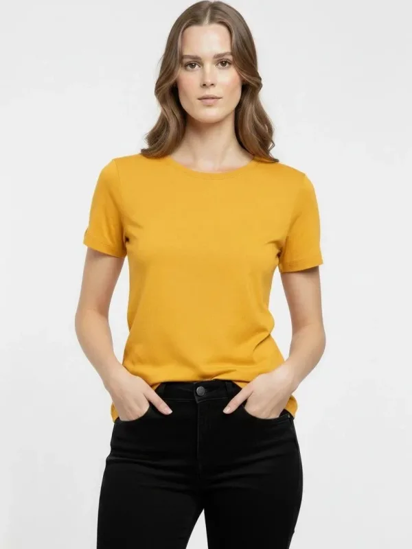 Damski żółty elastyczny slim fit T-shirt z dekoltem w serek, podstawowy 1