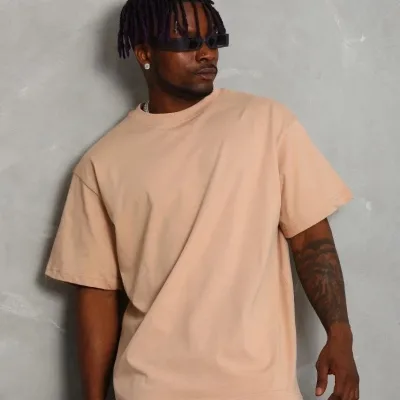Ανδρικό Μπεζ Oversize Στρογγυλή Λαιμόκοψη Απλό Καλοκαιρινό Μπλουζάκι 4