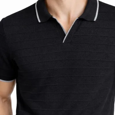 Men's Black Woven Knit Buttonless Polo Neck Short Sleeve T-Shirt 5