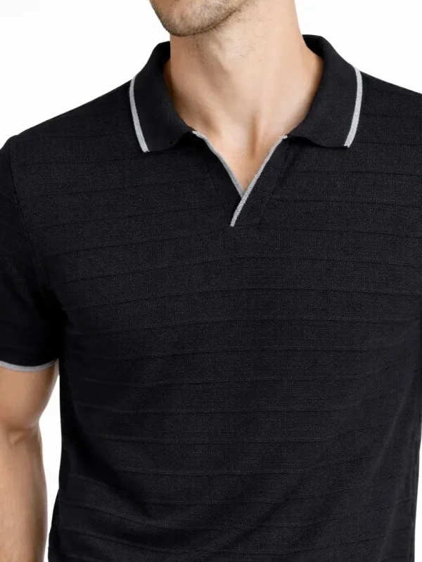 Men's Black Woven Knit Buttonless Polo Neck Short Sleeve T-Shirt 5