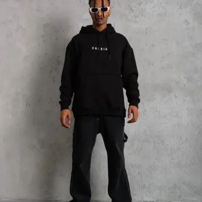 Muški crni oversize 3-niti pamučni s kapuljačom tiskani sweatshirt 5