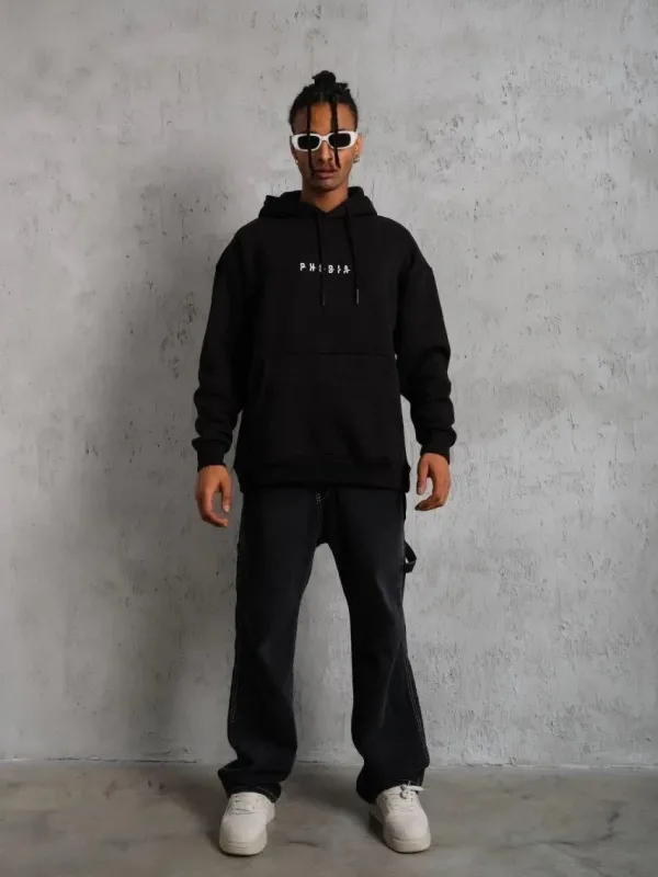 Muški crni oversize 3-niti pamučni s kapuljačom tiskani sweatshirt 5