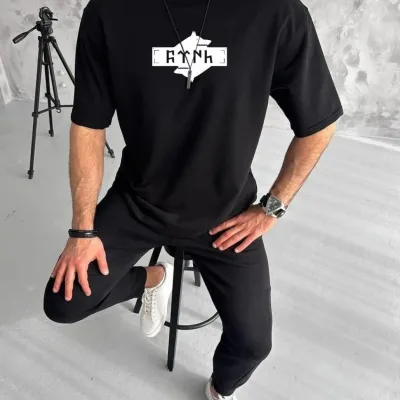 Muška crna oversized bicikli kragna štampana letnja majica 1