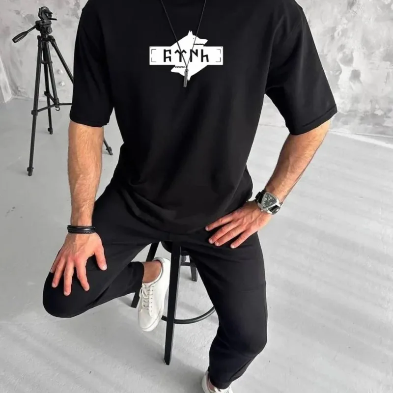 Muška crna oversized bicikli kragna štampana letnja majica