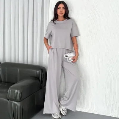 Women's Gray Oversize Scoop Neck Printed Set 1