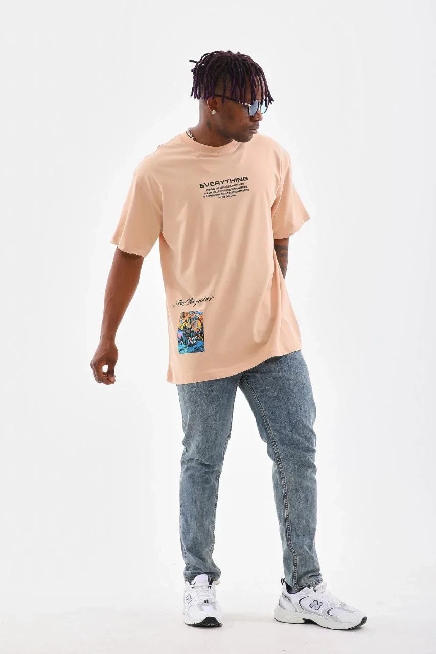 Tîşorta Bej a Oversize ya Bi Stûyê Bisîkletê û Çapkirî 6
