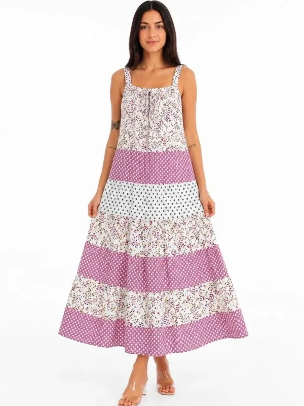 Femeie Rochie Maxi din In, cu Model Floral Roz, Stratificată și Lejeră