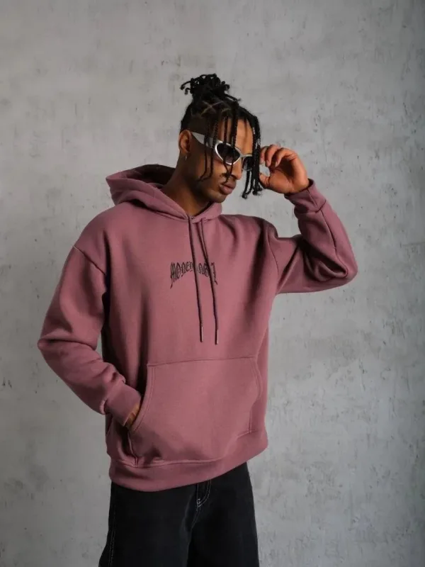 Men's Dusty Rose 3-Thread Cotton Printed Hooded Sweatshirt with Pockets 2