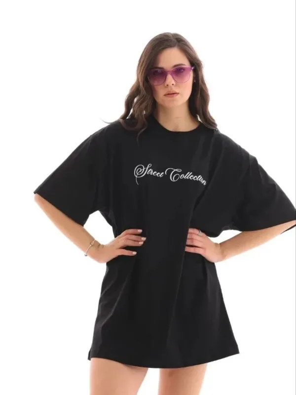 Γυναικείο Μαύρο Oversize Στρογγυλή Λαιμόκοψη Τυπωμένο T-Shirt 4