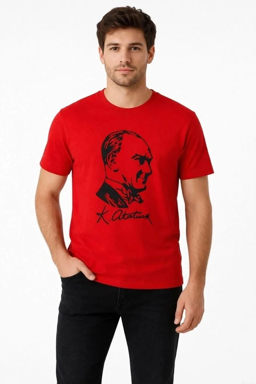 Muška crvena biciklistička kragna Atatürk print majica