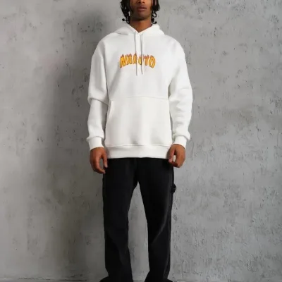 Muški bijeli tiskani 3-nitni pamučni kapuljačasti sweatshirt 1