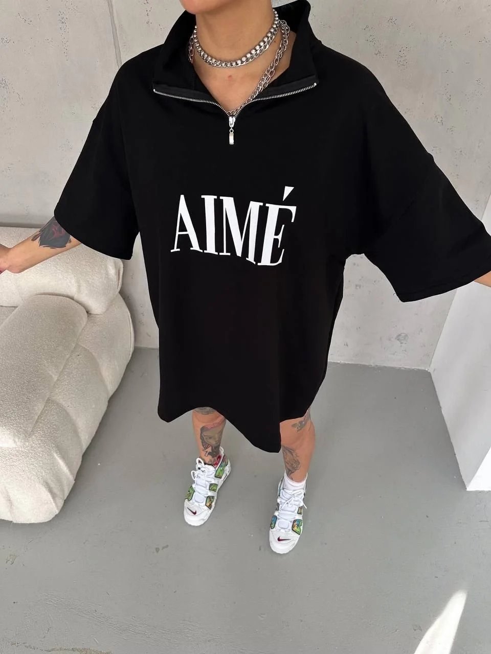 Γυναικείο Μαύρο Μισό Φερμουάρ Τυπωμένο T-Shirt