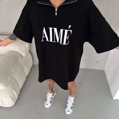 Dámske čierne polovičný zips potlač tričko 1