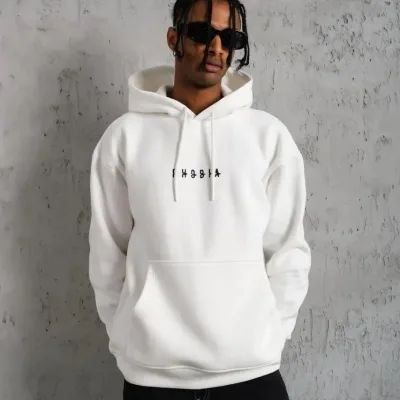 Muški bijeli oversize 3-niti pamučni s kapuljačom tiskani s džepom sweatshirt 2