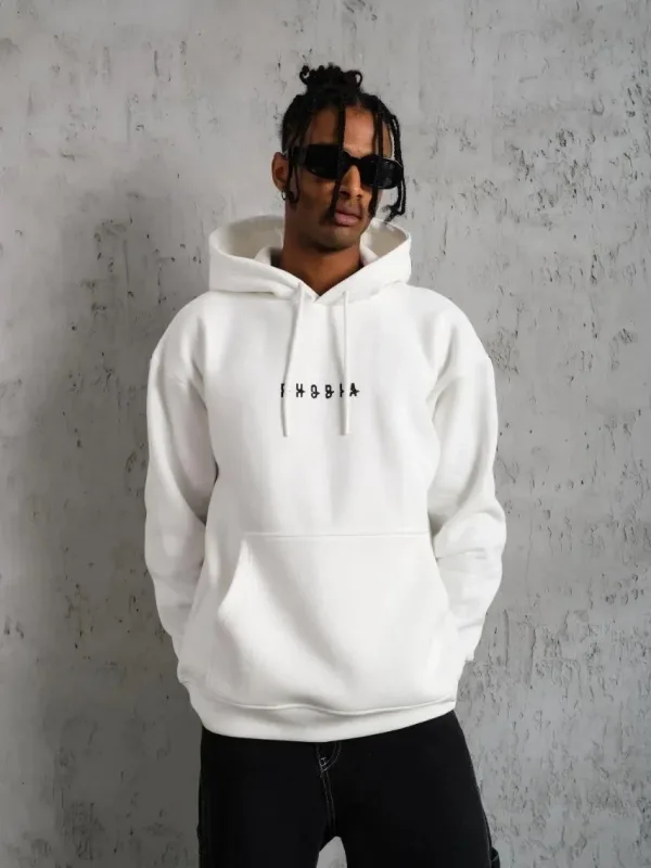 Muški bijeli oversize 3-niti pamučni s kapuljačom tiskani s džepom sweatshirt 2