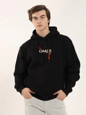 Машки црн Oversize 3-нишки памучен качулка со принт Sweatshirt