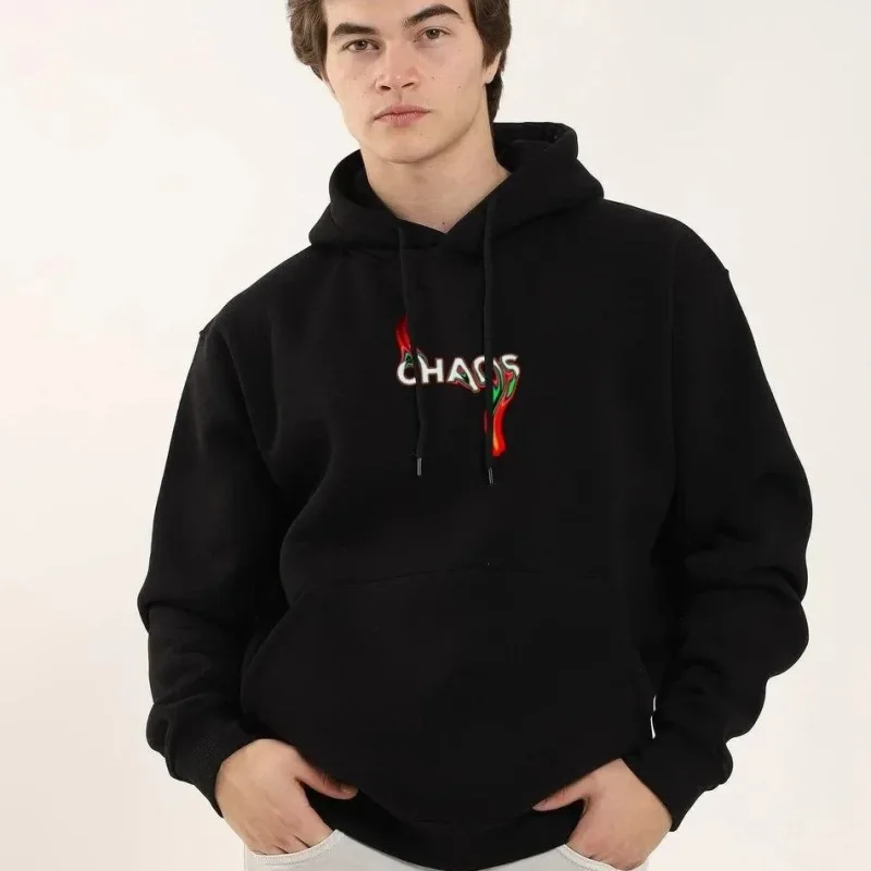 Машки црн Oversize 3-нишки памучен качулка со принт Sweatshirt