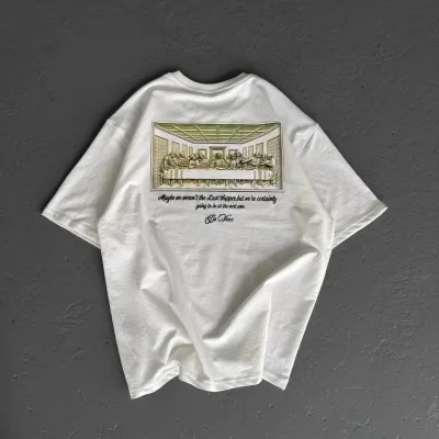 Damski oversize T-shirt biały, dekolt w serek, nadruk 3