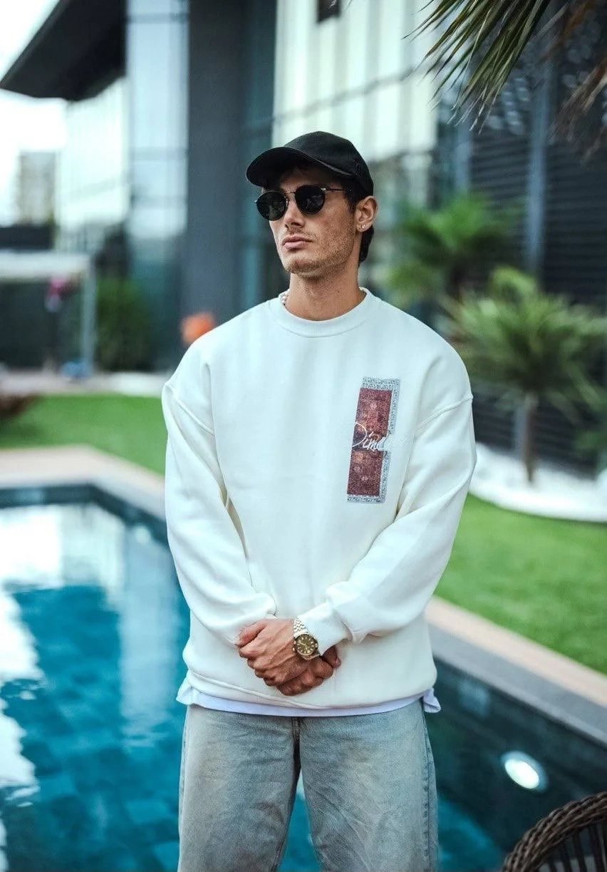 Ανδρικό Λευκό Oversize 3-κλωνο Βαμβακερό Ποδηλατόλαιμο Τυπωμένο Φούτερ