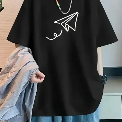 Muška crna oversize bicikli kragna štampana letnja majica 1