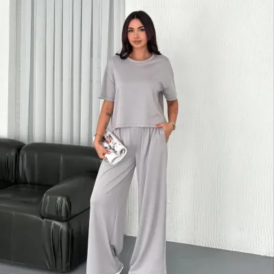 Women's Gray Oversize Scoop Neck Printed Set 4