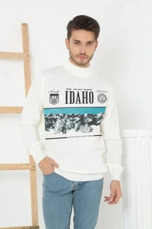 Muški Beli Polu Kragna Štampani Tkani Triko Džemper