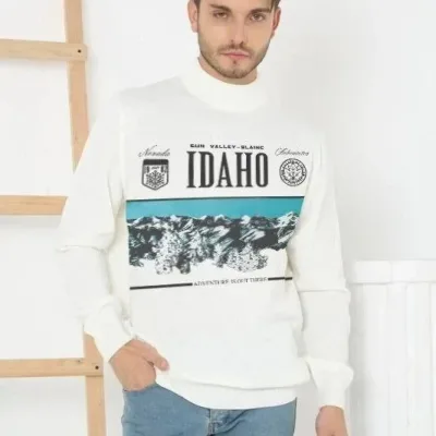 Muški Beli Polu Kragna Štampani Tkani Triko Džemper 1