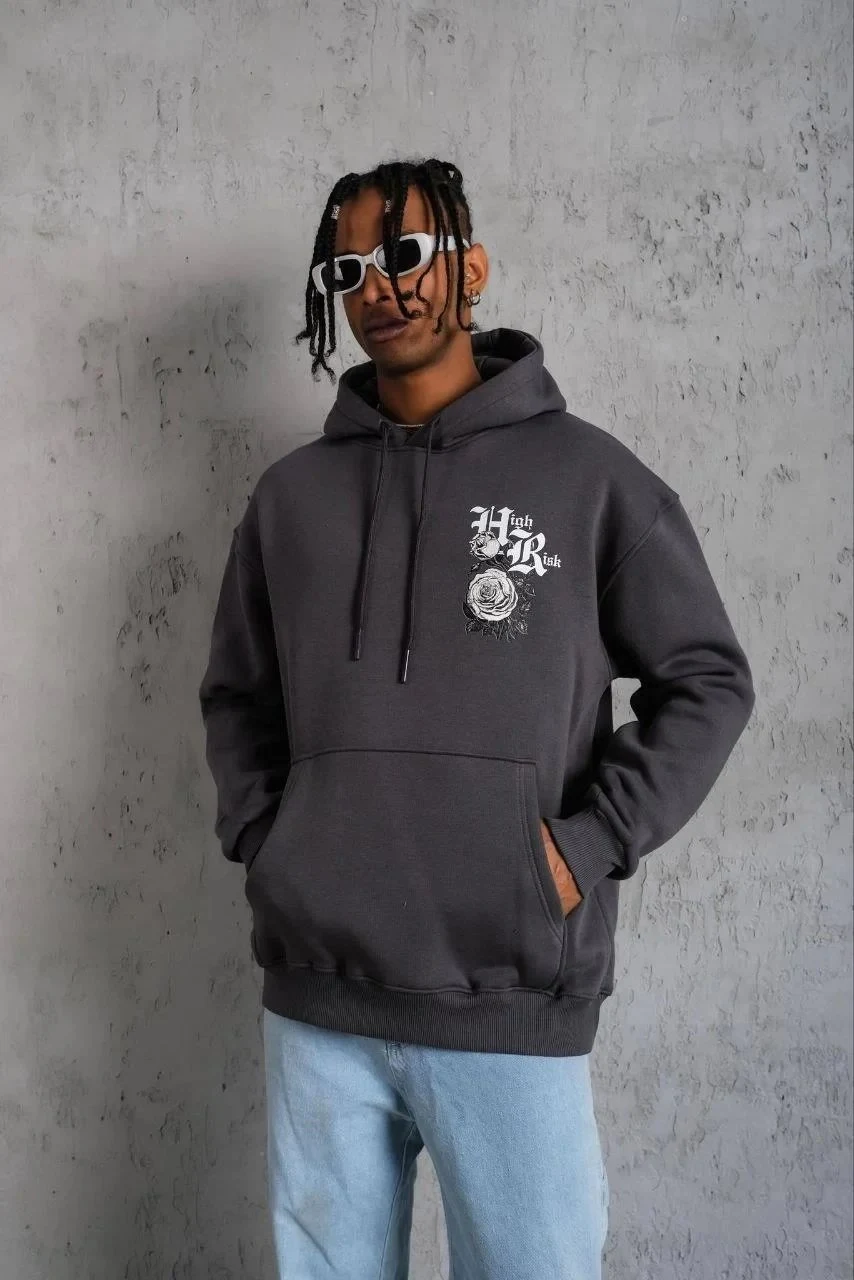 Men's Smoked Oversize 3-Thread Cotton Hooded Printed Sweatshirt with Pockets