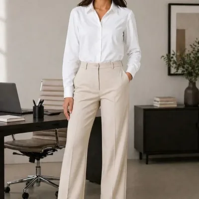 Women's White Classic Collar Long Sleeve Buttoned Office Shirt 3