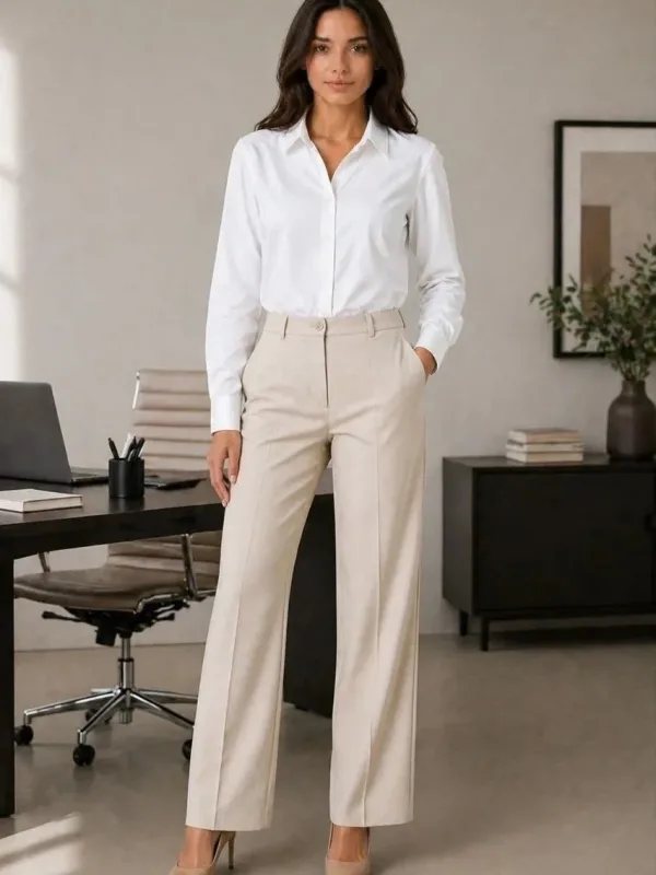 Women's White Classic Collar Long Sleeve Buttoned Office Shirt 3
