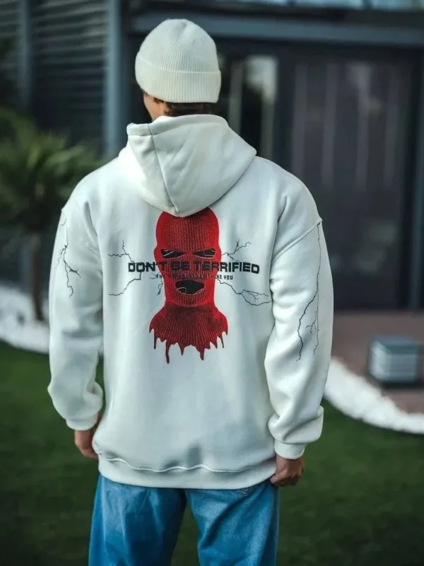 Muška bijela 3 niti pamučna kapuljača tiskani džep klokana sweatshirt 2