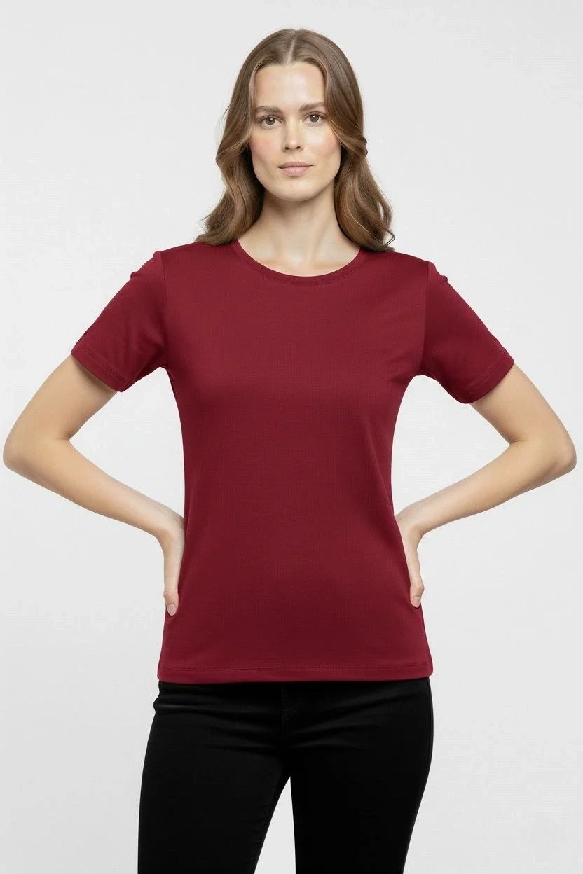 Γυναικείο Μπορντό Slim Fit Στρογγυλή Λαιμόκοψη Με Λύκρα Βασικό T-Shirt