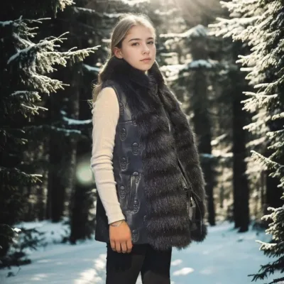 Femeie Bleumarin Blană Naturală Fără Mâneci Cu Fermoar Vestă 3