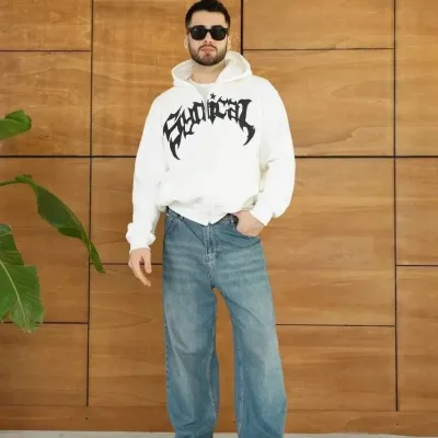 Barbat Alb Oversize Fermoar Glugă Imprimeu Bumbac Sweatshirt 4
