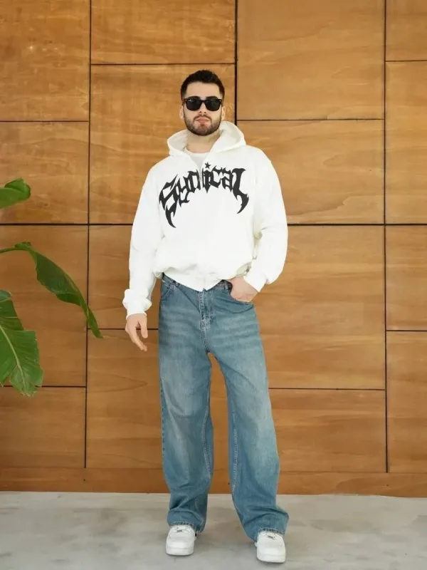 Barbat Alb Oversize Fermoar Glugă Imprimeu Bumbac Sweatshirt 4