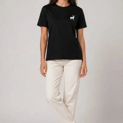 Qadın Qara Velosiped Yaxalı Minimal Maral Loqolu Qısa Qol T-Shirt 4