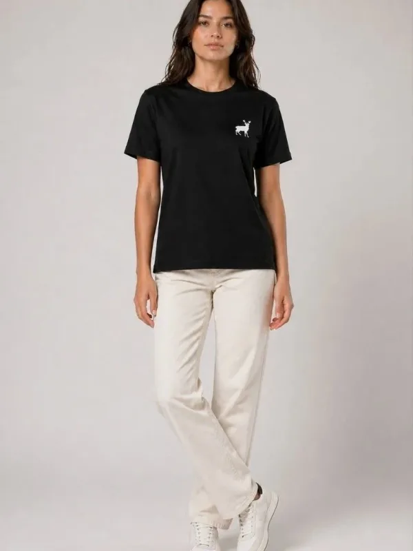 Qadın Qara Velosiped Yaxalı Minimal Maral Loqolu Qısa Qol T-Shirt 4