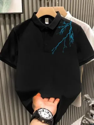 Muški crni gumbani polo ovratnik s printom munje