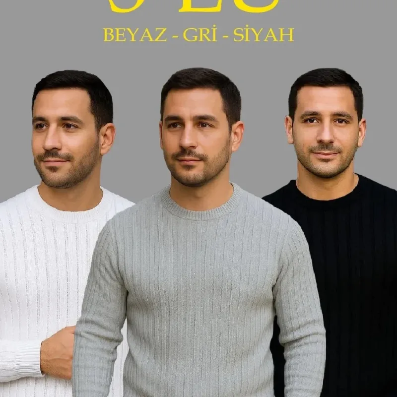 Męski Zestaw 3 szt. Prążkowany Gruby Sweter z Okrągłym Dekoltem