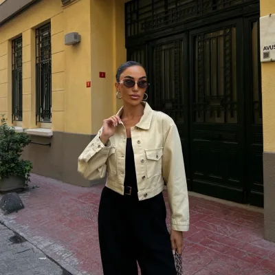 Çift Cep Denim Crop Ceket Bej 2