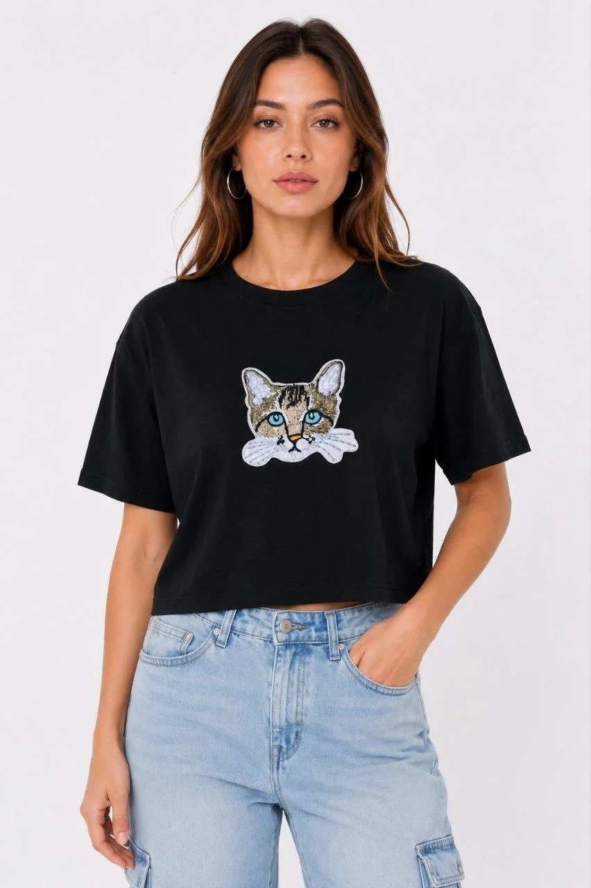 Γυναικείο Μαύρο Oversize Γάτα Τυπωμένο Crop Τ-Shirt