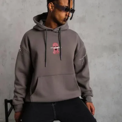 Men's Gray Oversize 3-Thread Cotton Hooded Printed Sweatshirt 3