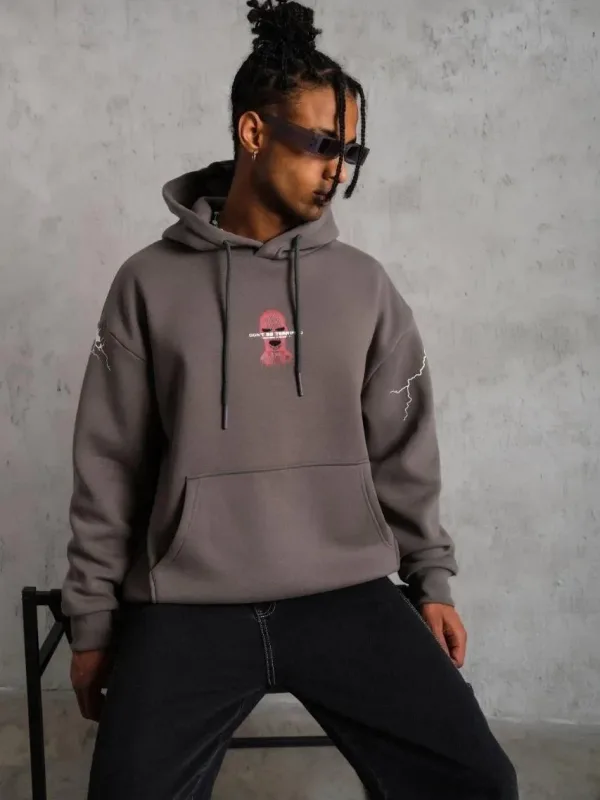 Men's Gray Oversize 3-Thread Cotton Hooded Printed Sweatshirt 3