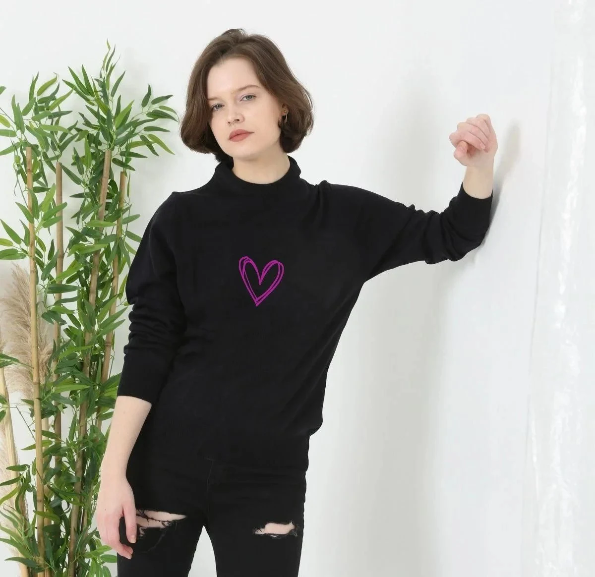 Women's Black Bicycle Neck Printed Woven Knit Sweater