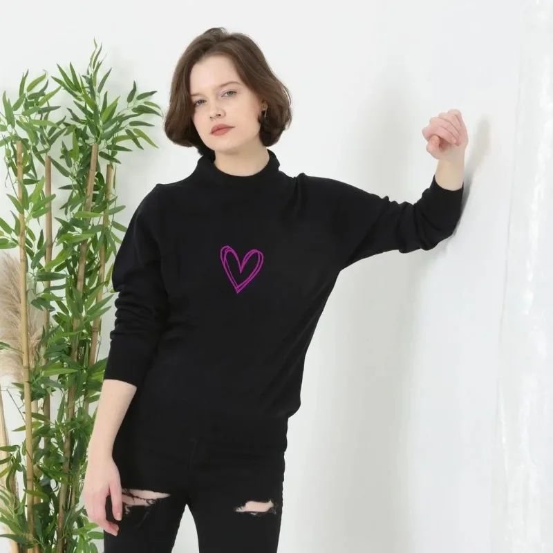 Women's Black Bicycle Neck Printed Woven Knit Sweater