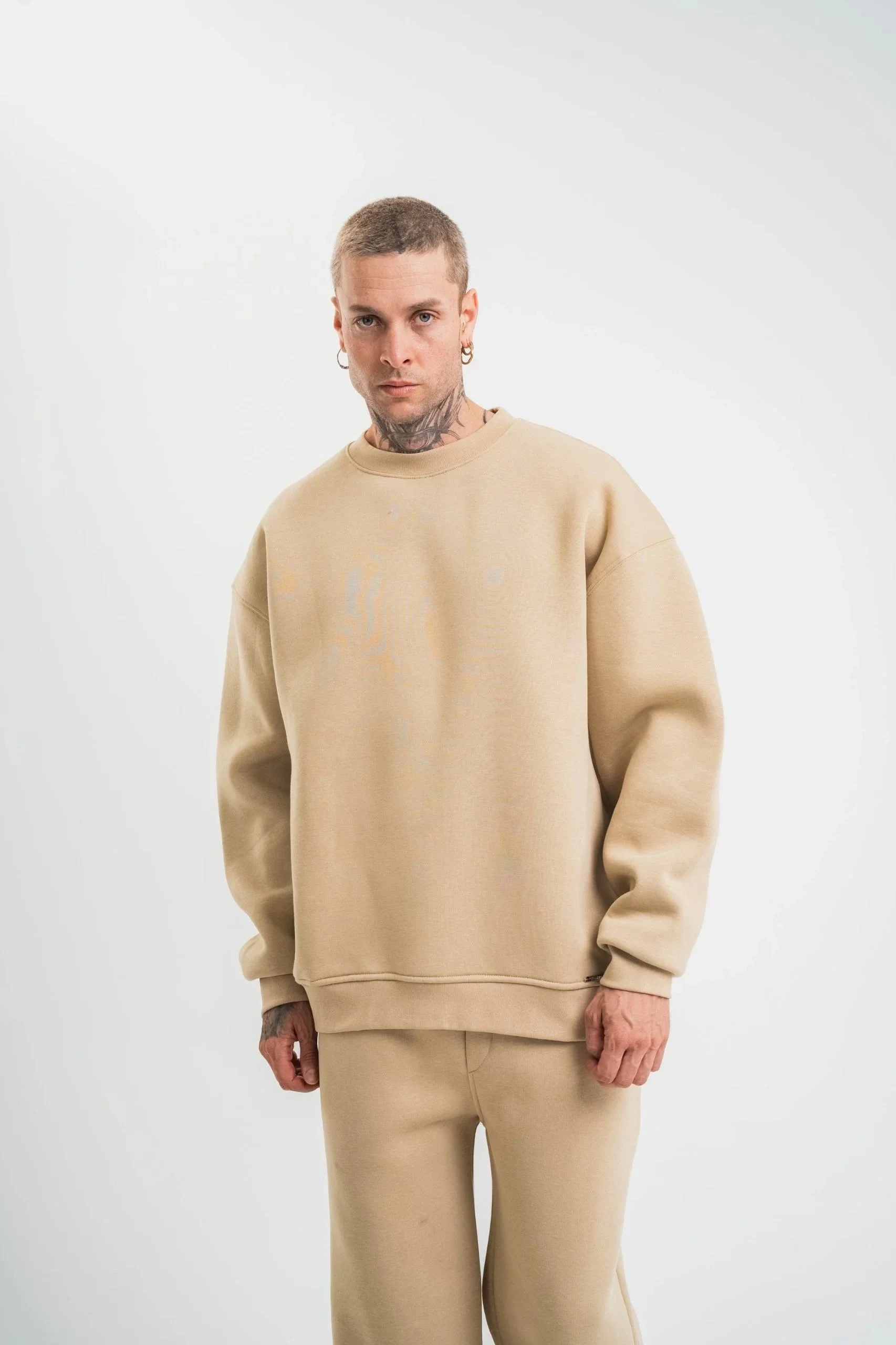 Férfi Bézs Hosszú Ujjú Kerékpárnyakú 3 Szálas Pamut Vastag Sweatshirt