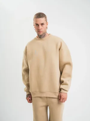 Férfi Bézs Hosszú Ujjú Kerékpárnyakú 3 Szálas Pamut Vastag Sweatshirt